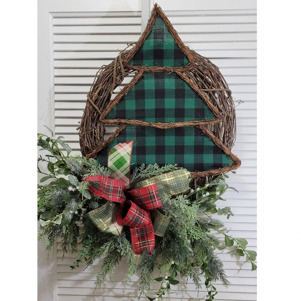 Rustic Wreath Natural Grapevine Green Buffalo Plaid Christmas one of a kind